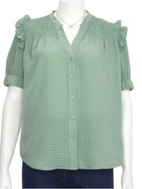 Ann Taylor Sage Green Smocked Button-Front Blouse cottagecore feminine romantic